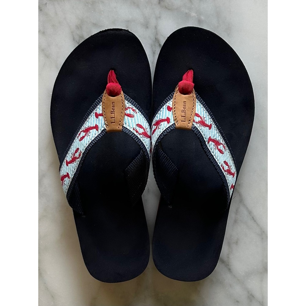 LL Bean Womens Maine Isle Flip Flops Sandals Original Blue Red Lobster Size 7